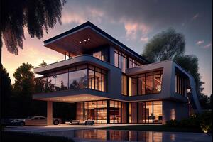 Abend Aussicht von ein luxuriös modern Haus generiert ai foto