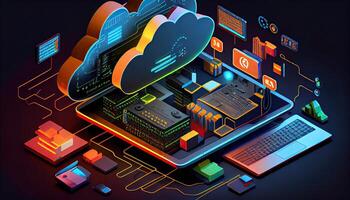 Wolke Technologie Computing Geräte in Verbindung gebracht zu Digital Lager im das Daten Center über das Internet iot Clever Zuhause Kommunikation Laptop Tablette Telefon Geräte Geschäftsmann mit Technologie generiert ai foto