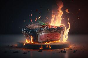 realistisch lecker Steak Kochen mit Flammen. Grill Party. generativ ai foto