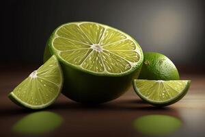 realistisch lecker Limette Obst isoliert auf ein hölzern Tisch. generativ ai foto