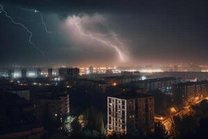 Blitz Über das Nacht Stadt. ai generiert foto