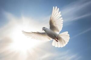 Weiß Taube gegen Hintergrund von das sonnig Himmel. ai generiert foto