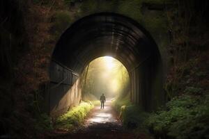 das Mann beim das Ende von das Tunnel und das Licht. ai generiert foto