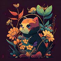 Blumen- Karikatur süß Katze - - ai generiert foto