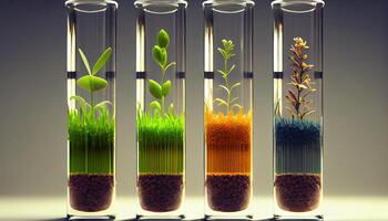 Pflanze Saat im Prüfung Röhren zum Genetik Forschung. Labor Analyse von landwirtschaftlich Waren generiert ai foto