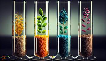 Pflanze Saat im Prüfung Röhren zum Genetik Forschung. Labor Analyse von landwirtschaftlich Waren generiert ai foto