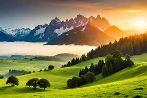 Panorama- Aussicht von das Kirche von st. Francis von assisi auf das oben von ein Berg bedeckt mit Nebel beim Sonnenaufgang, Slowenien ai generiert foto