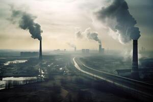 industriell Fabriken Freisetzung Auspuff Dämpfe in das Atmosphäre. generativ ai foto