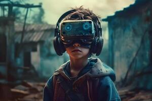 Porträt von ein Junge im ein virtuell Wirklichkeit Helm. das Konzept von virtuell Wirklichkeit. generativ ai foto
