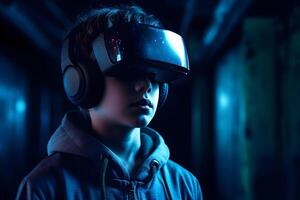 Porträt von ein Junge im ein virtuell Wirklichkeit Helm. das Konzept von virtuell Wirklichkeit. generativ ai foto