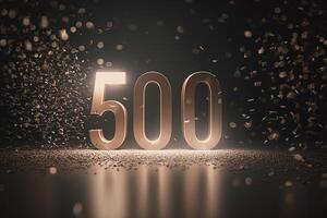 glühend Nummer 500 auf dunkel Hintergrund mit Sporlight und konfetti.generativ ai foto