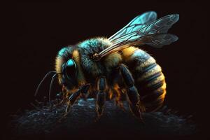 detailliert Makro Schuss von ein Biene auf ein schwarz Hintergrund. generativ ai foto