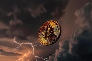 Bitcoin mit Donner Sturm Hintergrund, Krypto Währung Investition Konzept. generativ ai foto