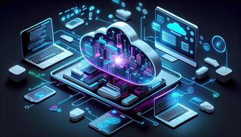 Wolke Technologie Computing Geräte in Verbindung gebracht zu Digital Lager im das Daten Center über das Internet iot Clever Zuhause Kommunikation Laptop Tablette Telefon Geräte Geschäftsmann mit Technologie generiert ai foto