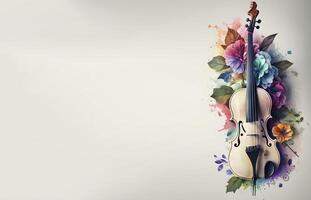 schön Violine mit rustikal bunt Blume im Pastell- Hintergrund zum Musik- Festival Banner ai generiert foto