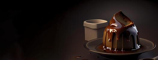 Schokolade Pudding im das solide Teller realistisch 3d, Produkt Vitrine zum Essen Fotografie ai generiert foto