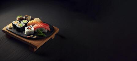 Sushi japanisch Essen ich im das eben hölzern Tafel realistisch Produkt Vitrine zum Essen Fotografie ai generiert ai generiert foto