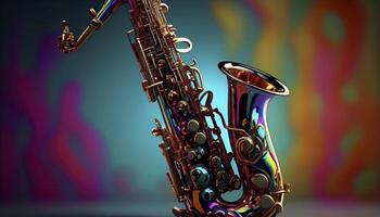 schön Saxophon mit magisch Spritzen Textur zum Musik- Banner Festival ai generiert foto