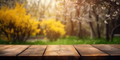 leeren hölzern Tabelle im Frühling Garten verschwommen Hintergrund, kostenlos Raum zum Produkt Anzeige. generativ ai foto