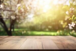 leeren hölzern Tabelle im Frühling Garten verschwommen Hintergrund, kostenlos Raum zum Produkt Anzeige. generativ ai foto