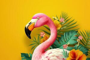 Sommer- festlich mit Flamingo auf Gelb Hintergrund, tropisch Sommer- Zeit. generativ ai foto