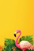 Sommer- festlich mit Flamingo auf Gelb Hintergrund, tropisch Sommer- Zeit. generativ ai foto