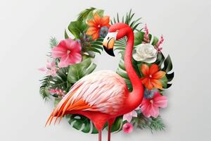 Sommer- festlich mit Flamingo auf Weiß Hintergrund, tropisch Sommer- Zeit. generativ ai foto