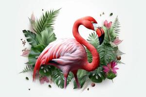 Sommer- festlich mit Flamingo auf Weiß Hintergrund, tropisch Sommer- Zeit. generativ ai foto