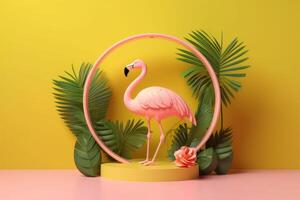 Sommer- festlich mit Flamingo auf Gelb Hintergrund, tropisch Sommer- Zeit. generativ ai foto