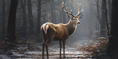 ein schön Gemälde von ein Hirsch im das Wald mit Licht Schnee fallen, generieren ai foto