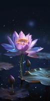 das Hintergrund Sternenlicht ist leuchtenden hell, ein Rosa Lotus ist im voll blühen, Kristall klar und wählerisch, das Herz von das Blume ist mögen ein Glühwürmchen leuchtenden, erzeugen ai foto