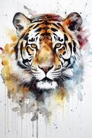 Aquarell Gemälde von ein Tiger mit schön natürlich Formen mit knackig sauber Formen, bunt auf Weiß Hintergrund, generieren ai foto