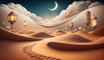 islamisch Illustration von ein Halbmond Mond und realistisch Wolken mit traditionell Laternen und Sand Dünen. generativ ai foto