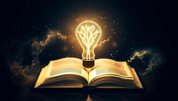 Buch und die Glühbirne Symbol glühend zusammen, symbolisieren das aufschlussreich und transformativ Auswirkungen von Bildung. generativ ai foto