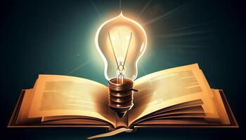 Buch und die Glühbirne Symbol glühend zusammen, symbolisieren das aufschlussreich und transformativ Auswirkungen von Bildung. generativ ai foto