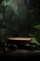 ein atemberaubend Dschungel-Themen leeren Raum mit Natur Hintergrund, perfekt zum Fachmann Produkt Anzeige foto
