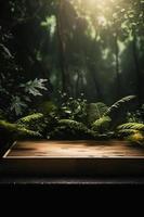 Fachmann Fotografie von ein leeren Raum Attrappe, Lehrmodell, Simulation Podium mit ein Dschungel-Themen Natur Hintergrund zum ein atemberaubend visuell Einschlag foto