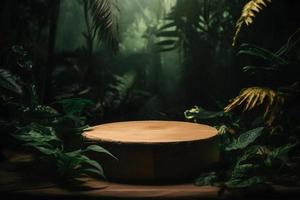 Fachmann Fotografie von ein leeren Raum Attrappe, Lehrmodell, Simulation Podium mit ein Dschungel-Themen Natur Hintergrund zum ein atemberaubend visuell Einschlag foto