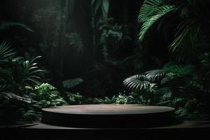 Fachmann Fotografie von ein leeren Raum Attrappe, Lehrmodell, Simulation Podium mit ein Dschungel-Themen Natur Hintergrund zum ein atemberaubend visuell Einschlag foto