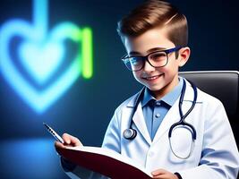 ein realistisch Kind mit Arzt Ausrüstung Überprüfung medizinisch Analyse ai generiert foto
