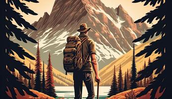 ai generiert. generativ ai. Abenteuer draussen Natur motivierend Poster mit Mann Stehen im fron von ein Berg. Grafik Kunst foto