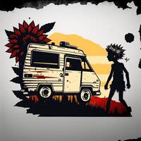 ai generiert. generativ ai. abstrakt Grafik Psycho Graffiti mit das Wohnmobil rv van Junge und Blumen. inspiriert durch alt Jahrgang Kunst und Banken Stil. Grafik Kunst Illustration. foto