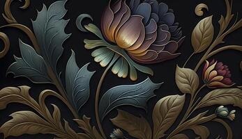 ai generiert. generativ ai. Blumen- Muster Tapeten. Blumen und Blätter. können Sein benutzt Vordergrund Dekoration. inspiriert durch das Stil von Wilhelm Morris. Farbe Illustration. foto