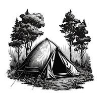 ai generiert. generativ ai. Jahrgang retro Camping Zelt im Gravur Stil. Abenteuer Ausflug Reise motivierend Poster. können Sein benutzt zum Dekoration und Inspiration. Grafik Kunst Illustration. foto