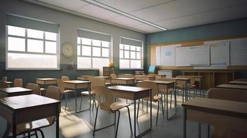 Foto Schule Klassenzimmer mit StühleSchreibtische und Tafel, erzeugen ai
