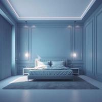 leeren modern, minimal und Luxus Licht Blau Schlafzimmer dynamisch Beleuchtung, realistisch, 8 Tausend, erzeugen ai foto