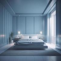 leeren modern, minimal und Luxus Licht Blau Schlafzimmer dynamisch Beleuchtung, realistisch, 8 Tausend, erzeugen ai foto