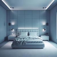 leeren modern, minimal und Luxus Licht Blau Schlafzimmer dynamisch Beleuchtung, realistisch, 8 Tausend, erzeugen ai foto