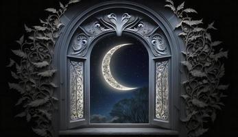 mystisch Fenster mit Halbmond Mond im Nacht Himmel, islamisch Gruß eid Mubarak zum Muslim Feiertage. eid-ul-adha Festival Feier. Arabisch Ramadan karem, generieren ai foto