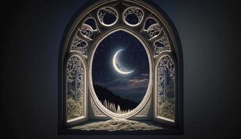 mystisch Fenster mit Halbmond Mond im Nacht Himmel, islamisch Gruß eid Mubarak zum Muslim Feiertage. eid-ul-adha Festival Feier. Arabisch Ramadan karem, generieren ai foto